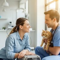 Happy couple with orange tabby cat at veterinary clinic during pet checkup appointment with professional healthcare service.