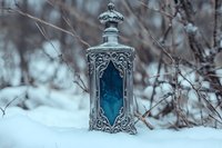 Ornate silver lantern with blue glass panels sits in snowy winter landscape surrounded by bare branches creating magical seasonal atmosphere for holiday decor.
