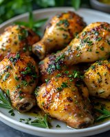 Roasted chicken drumsticks with golden crispy skin garnished with fresh herbs on white plate, homemade dinner meal for family gathering.