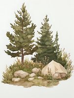 Serene watercolor pine trees with rocks and wild grass composition in earthy green tones, creating peaceful forest landscape vignette. Nature art for wall decor.