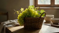Fresh green grapes in wicker basket on wooden table with natural window light, suitable for food photography, culinary blogs, and kitchen decor designs.