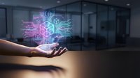 Digital brain circuit hologram floating above open palm in modern office space representing artificial intelligence and neural network technology.