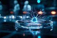 Glowing neuron in petri dish with electrical impulse visualization against dark laboratory background, scientific research concept in blue tones.