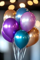 Metallic balloons in purple, turquoise, pink, blue and gold colors against blurred bokeh lights background create festive party atmosphere for celebration designs.