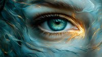 Mesmerizing turquoise eye with golden light effects and ethereal feather-like patterns swirling around, creating magical fantasy art atmosphere on teal background.