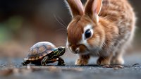 Curious brown rabbit meeting small turtle in nature setting, creating magical animal friendship moment against blurred background. Macro wildlife photography.