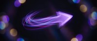 Glowing purple arrow with dynamic motion trails and colorful bokeh lights on dark background for business presentations and digital design projects.