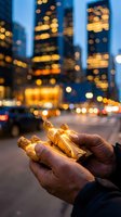 Close-up of hands holding glowing golden light bulbs against blurred urban cityscape at dusk. Concept for innovation, ideas, energy solutions, and sustainable business development in metropolitan settings.