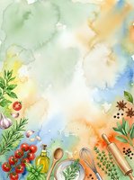 Watercolor cooking background with fresh vegetables, herbs, and kitchen utensils arranged on wooden surface with colorful paint washes, suitable for recipe blogs and culinary designs.