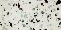 Abstract terrazzo pattern in mint green and black fragments scattered on white background, modern minimalist design for interior and surface decoration.