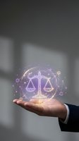 Businessman hand holding glowing digital scales of justice with network connections representing legal technology and law firm innovation concepts.