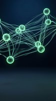 Abstract network visualization with glowing green nodes and connecting lines on dark blue background for technology and data science concepts.