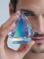 Young Caucasian man holding iridescent crystal prism near face showing rainbow light refraction effects for optical science education and spiritual concepts.