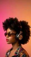 Young African American woman with afro hairstyle wearing headphones and sunglasses on vibrant gradient background for music and lifestyle content.