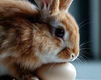 Close-up portrait of ginger rabbit with white egg against blurred background, showing soft fur texture and whiskers in natural lighting.