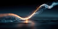 Glowing light trail with sparkling particles flowing over dark water surface, creating magical illumination against night background.