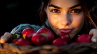 Young woman with glowing amber eyes holding basket of fresh red apples at sunset, creating warm atmospheric portrait with natural harvest theme.