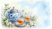 Watercolor tea set with blue and white porcelain teapot and cups, white flowers, soft pastel background, cozy vintage style.