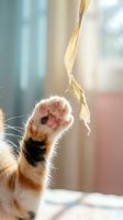 Curious cat reaching up to bat at dried plant stem, showing pink paw pad and whiskers in soft natural light, perfect for pet and animal behavior content.