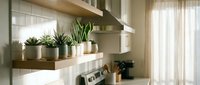 Modern kitchen interior with wooden floating shelves displaying potted succulents and plants, white subway tile backsplash, stainless steel appliances, and natural light from windows for home decor.