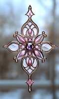 Ornate rose gold cross pendant with pink mother of pearl inlays and crystal accents in vintage style design. Decorative religious jewelry on blurred background.