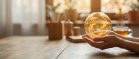 Hands holding glowing crystal ball with warm golden light in cozy home interior for fortune telling, meditation and spiritual wellness practices.