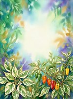 Watercolor garden frame with vibrant pepper plants, green foliage, and colorful produce arranged around bright center space. Suitable for culinary, gardening, and organic food designs.