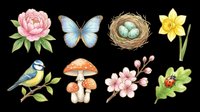 Spring nature clipart set with peony, butterfly, bird nest, daffodil, blue tit, mushrooms, cherry blossom, and ladybug, isolated on transparent background, ready for stickers and print on demand.