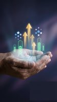 Hands holding glowing holographic growth arrows and stars representing business success, financial progress, and digital innovation concepts.