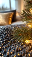 Cozy winter evening with glowing Christmas tree branch, warm fairy lights and knitted blanket creating magical holiday atmosphere and bokeh effect in bedroom.