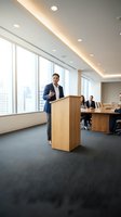 Professional businessman presenting at wooden podium in modern conference room with city skyline view and colleagues seated at meeting table.