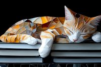Sleeping ginger and white cat in geometric low poly style lying relaxed on stack of books against dark background, artistic modern pet portrait.