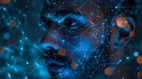 Futuristic portrait with glowing blue network patterns and constellation effects overlaid on dark skin, illuminated by ethereal bokeh lights and digital connections.