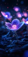 Glowing neon flower with wireframe petals in purple and blue colors against dark background with bokeh lights, creating magical fantasy atmosphere.