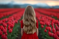 Young woman with long blonde hair wearing red dress standing in blooming tulip field at sunset, view from behind. Dreamy spring landscape with rows of red flowers.