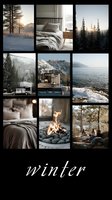 Winter mood board collage featuring snowy landscapes, cozy bedding, mountain cabin, lakeside views, and outdoor fire pit for seasonal marketing campaigns.