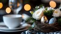 Festive table setting with nest centerpiece holding metallic Easter eggs, white ranunculus flowers, pine branches and coffee cup against blurred bokeh lights.