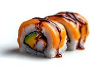 Fresh salmon sushi rolls with avocado, cucumber, and teriyaki sauce drizzle on white background, close-up view showing vibrant colors and texture.