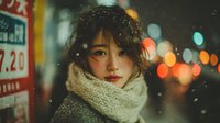 Young Asian woman with knitted scarf in winter night city setting with falling snow and colorful bokeh lights in background.