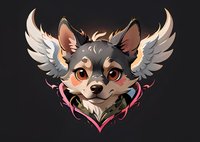 Adorable cartoon chihuahua character with angel wings and heart frame, perfect for gaming mascot, sticker design or children book illustration on dark background.