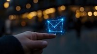 Glowing blue holographic email envelope floating above finger with bokeh lights background, futuristic communication concept for digital marketing.