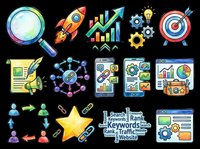 Watercolor SEO and digital marketing icon set isolated on transparent background. Includes rocket, magnifier, keywords, target, star, mobile, links. Great for clipart, stickers, t-shirt design.