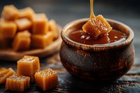 Salted caramel sauce dripping from piece over ceramic bowl with caramel candy cubes on wooden background, sweet dessert topping.