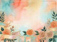Watercolor floral frame with coral roses, green foliage, and pastel ribbons on soft gradient background. Isolated design element for invitations, greeting cards, and decorative projects.