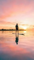 Man in wetsuit standing on paddleboard at sunrise, reflected in calm water. Ideal for water sports, outdoor recreation, wellness, and lifestyle marketing campaigns.