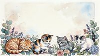 Adorable kittens playing in watercolor floral border with eucalyptus leaves and flowers on soft pastel background for nursery decor and pet designs.