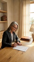 Mature Caucasian businesswoman with gray hair and glasses signing documents at wooden desk in bright home office with natural lighting.