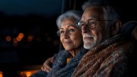 Senior couple embracing at dusk, wearing cozy sweaters with warm bokeh lights in background. Peaceful romantic moment showing connection and contentment in later years.
