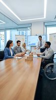Diverse business team meeting in modern office with wheelchair accessibility, professional presentation and collaboration in corporate boardroom.