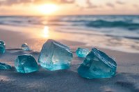 Turquoise blue ice chunks scattered on sandy beach at golden sunset with ocean waves and sun reflection creating magical coastal atmosphere.